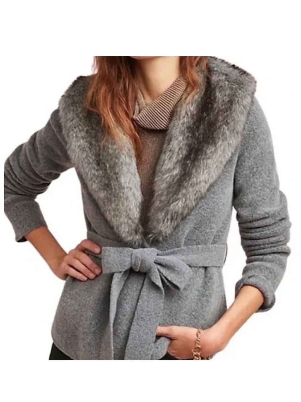 Anthropologie Gray Faux Fur Shawl-Collar Tie Cardigan
